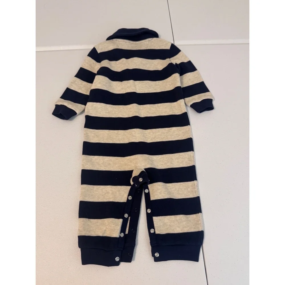 Ralph Lauren Baby Boy Navy Cream Striped Shawl Collar Cotton Coverall 12M ff